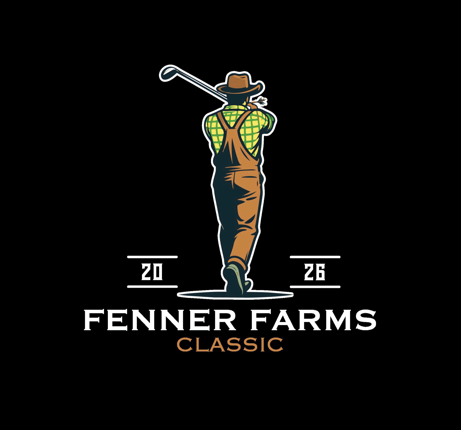 2026 Fenner Farms Classic mascot, golfer in overalls mid-swing
